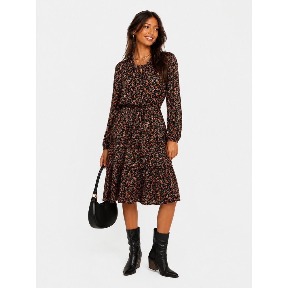 LOFT Shimmer Floral Ruffle Flare Dress Long Sleeve Black Multicolor S P NWOT